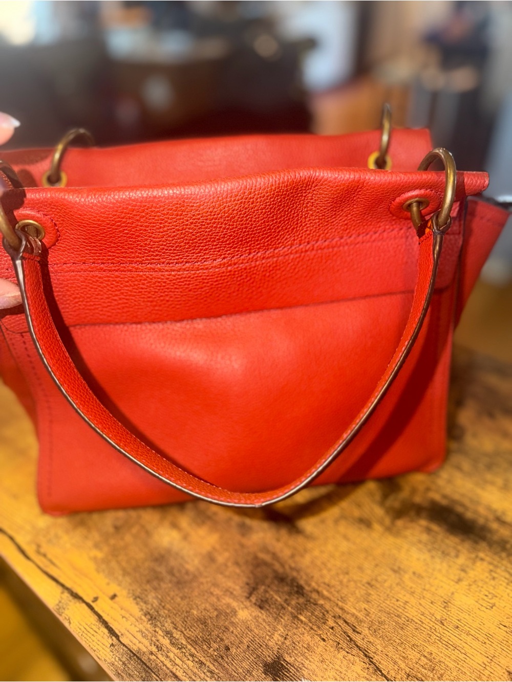 Henri Bendel Orange-Red Pebbled Leather Shoulder Bag with Snakeskin Accent - Picture 5 of 12